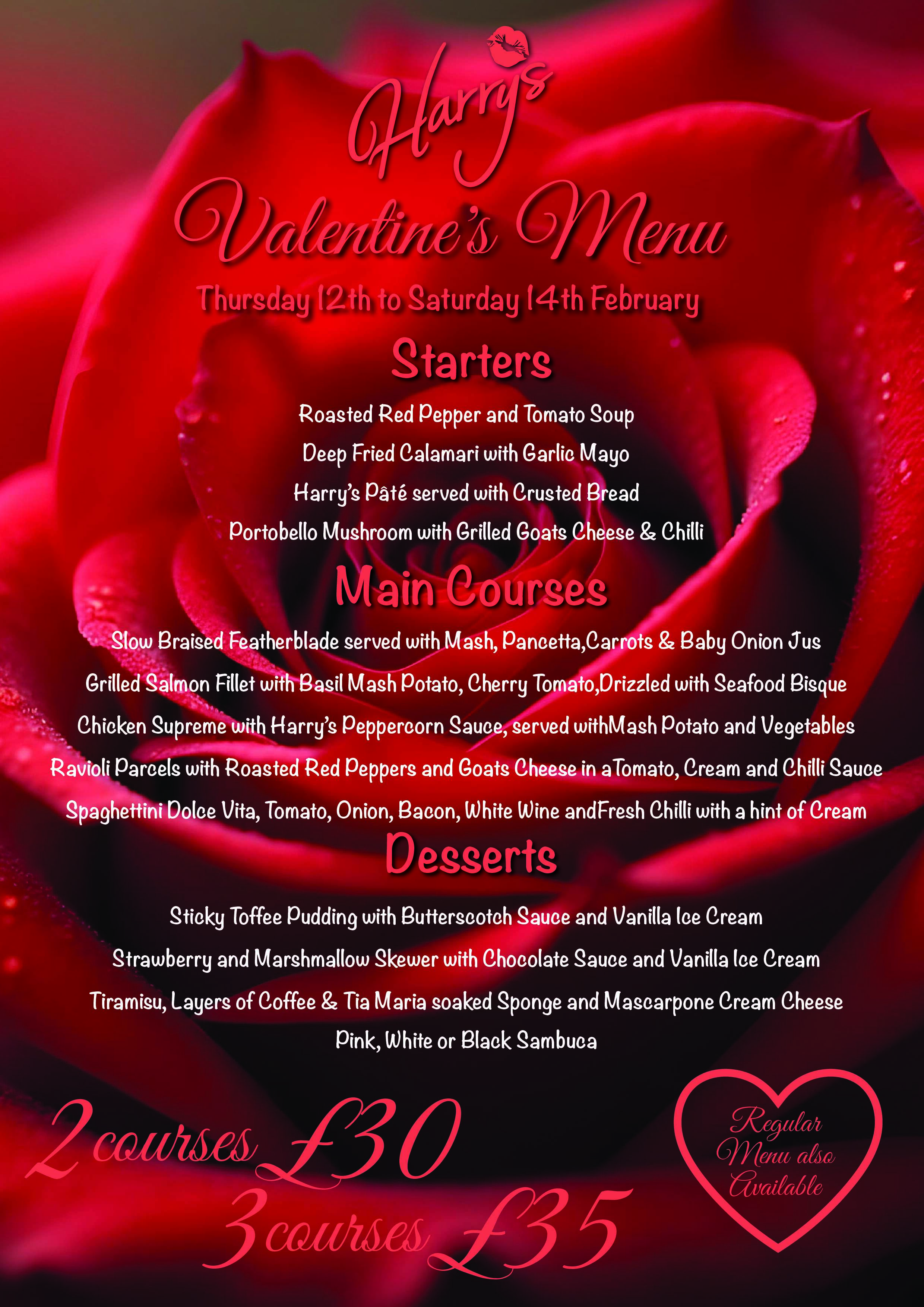 Harry's Bar Newcastle - Valentines Day 2026 Menu