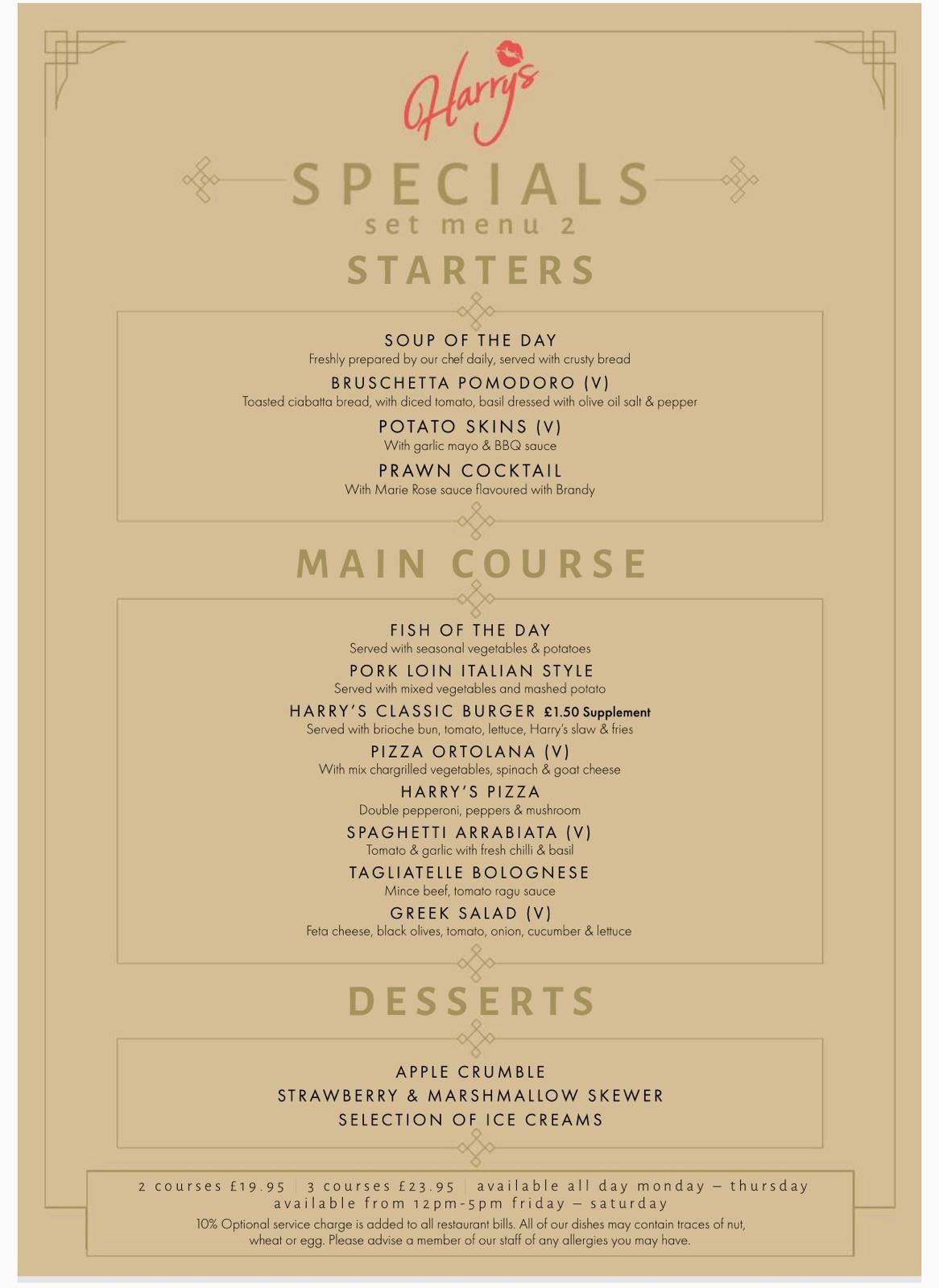 Harry's Bar Newcastle - Specials Menu 2026