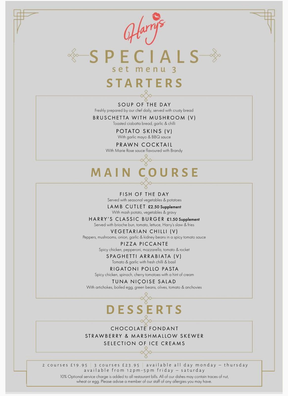 Harry's Bar Newcastle - Specials Menu 2026